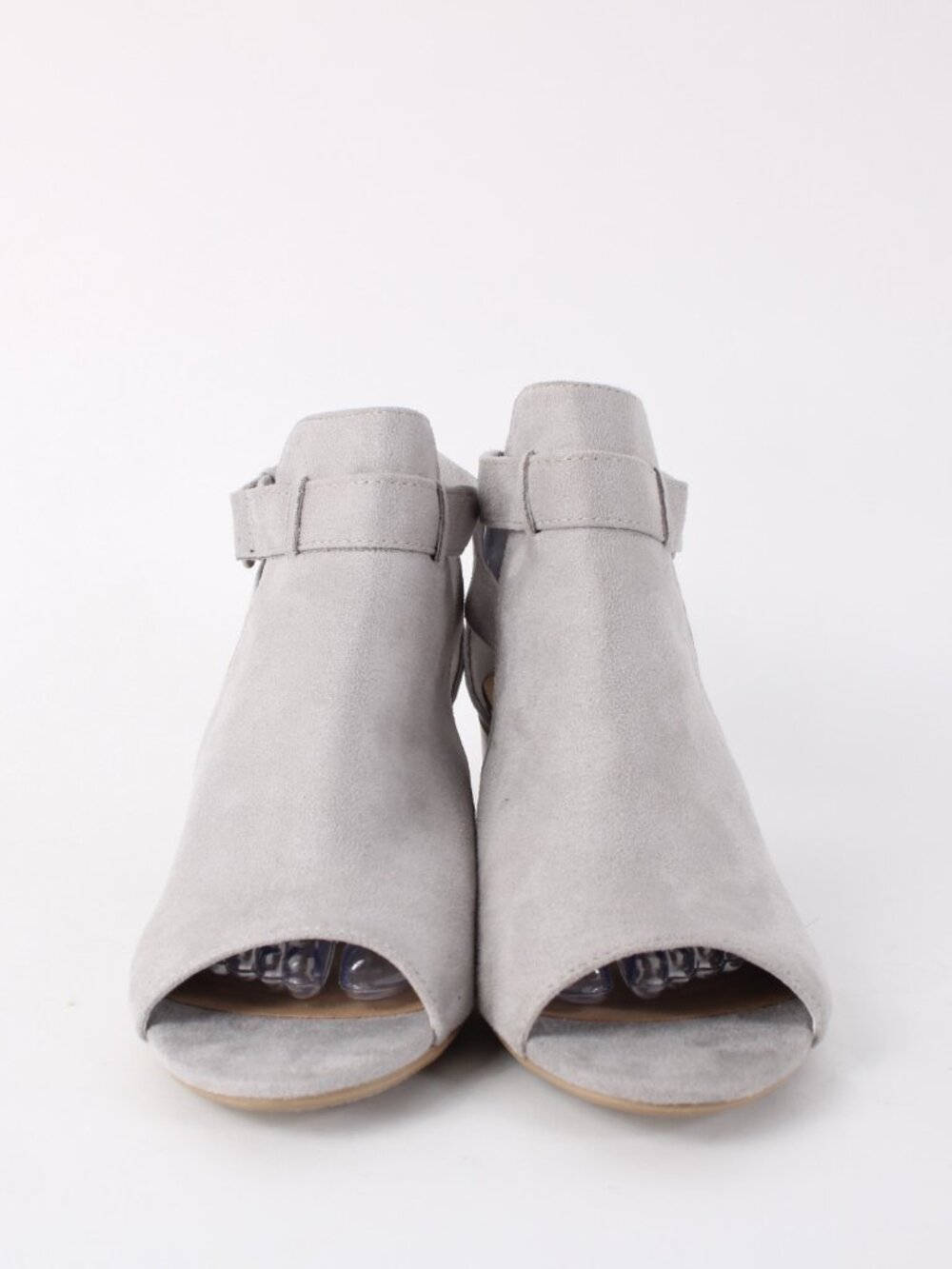 City Classified Heeled Booties Sz 10 Gray Buckled Peep Toe Man Made 2" Bootie - Picture 2 of 8